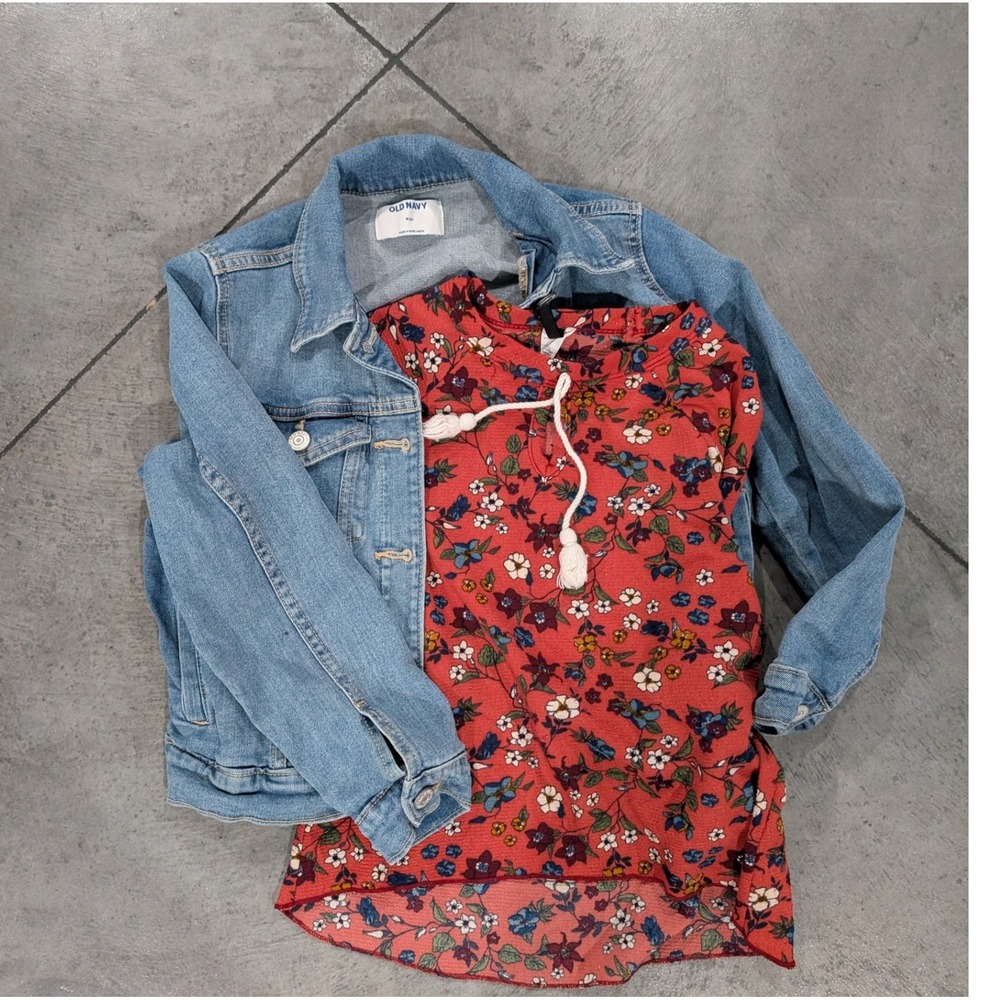 COMBO - Girls Jean Jacket + Floral‎ Print Long Sleeve Top - Size 8